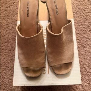 Call It Spring Taupe Suede Open-Toe Slip-On Mules